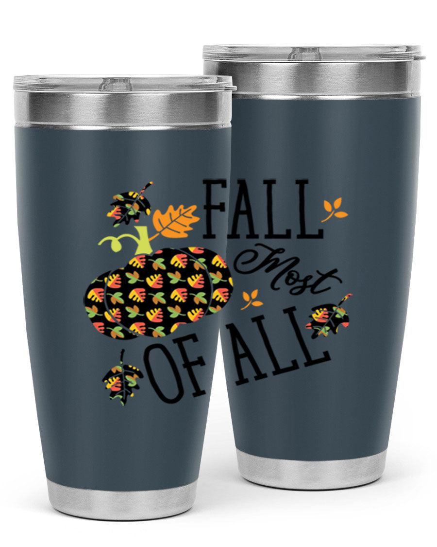Fallmostofall 20oz tumbler made of stainless steel with a copper lining, featuring a press-in drink-thru lid, ideal for hot and cold beverages.