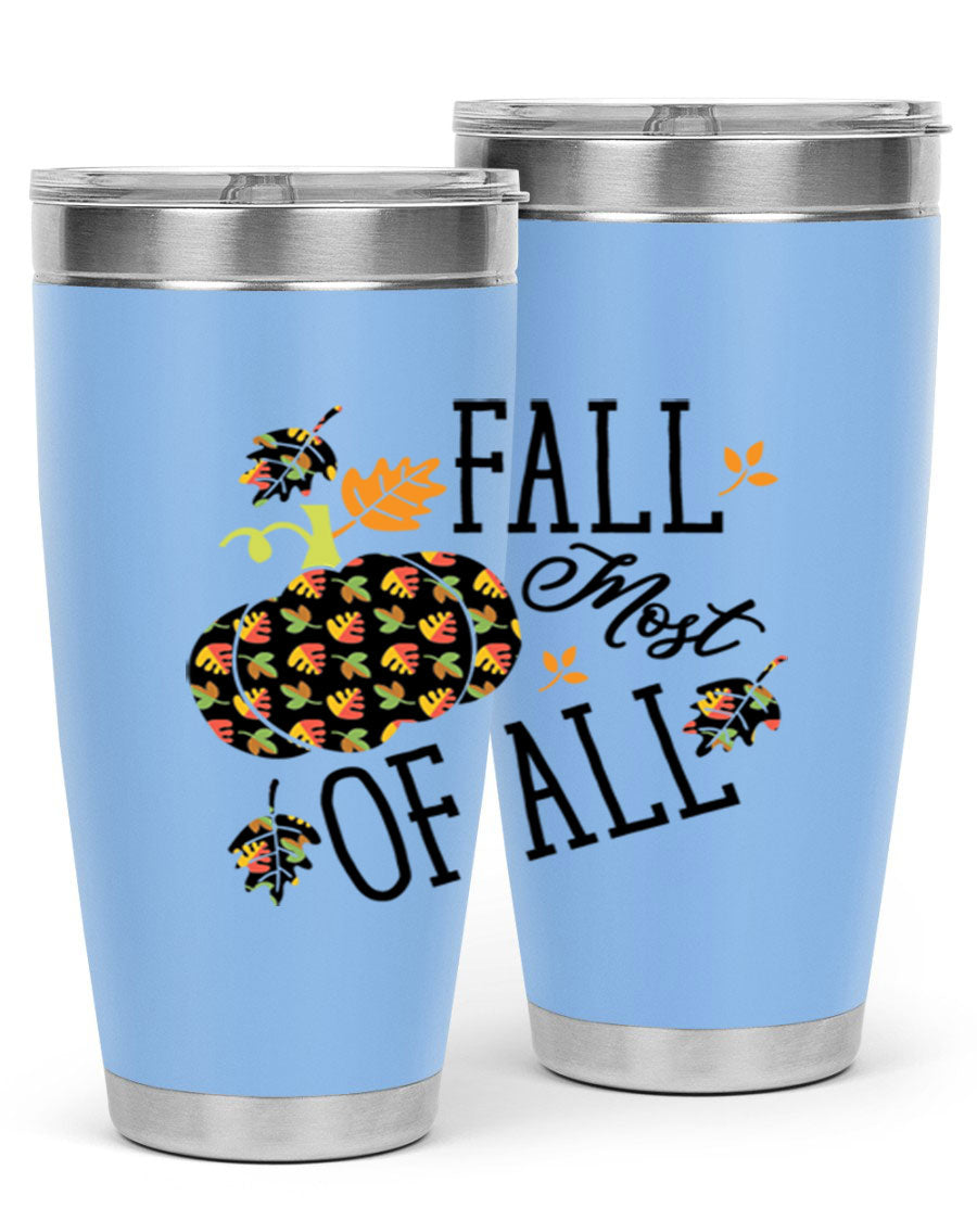 Fallmostofall 20oz tumbler made of stainless steel with a copper lining, featuring a press-in drink-thru lid, ideal for hot and cold beverages.