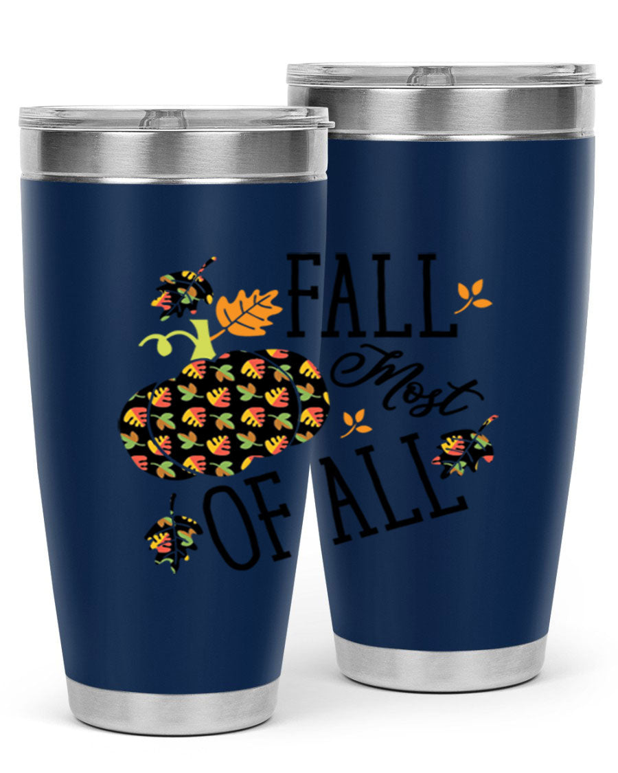 Fallmostofall 20oz tumbler made of stainless steel with a copper lining, featuring a press-in drink-thru lid, ideal for hot and cold beverages.