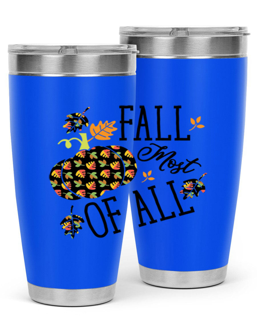 Fallmostofall 20oz tumbler made of stainless steel with a copper lining, featuring a press-in drink-thru lid, ideal for hot and cold beverages.