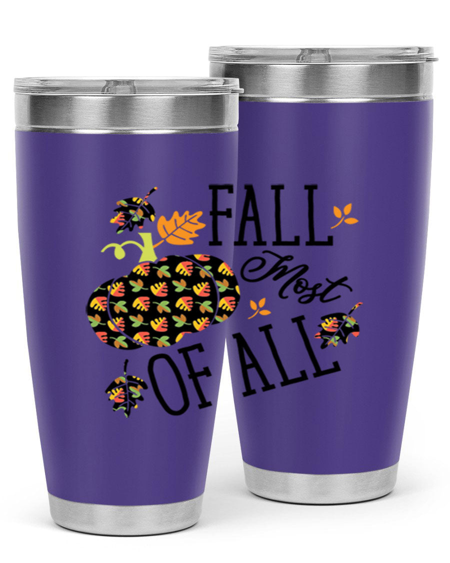 Fallmostofall 20oz tumbler made of stainless steel with a copper lining, featuring a press-in drink-thru lid, ideal for hot and cold beverages.