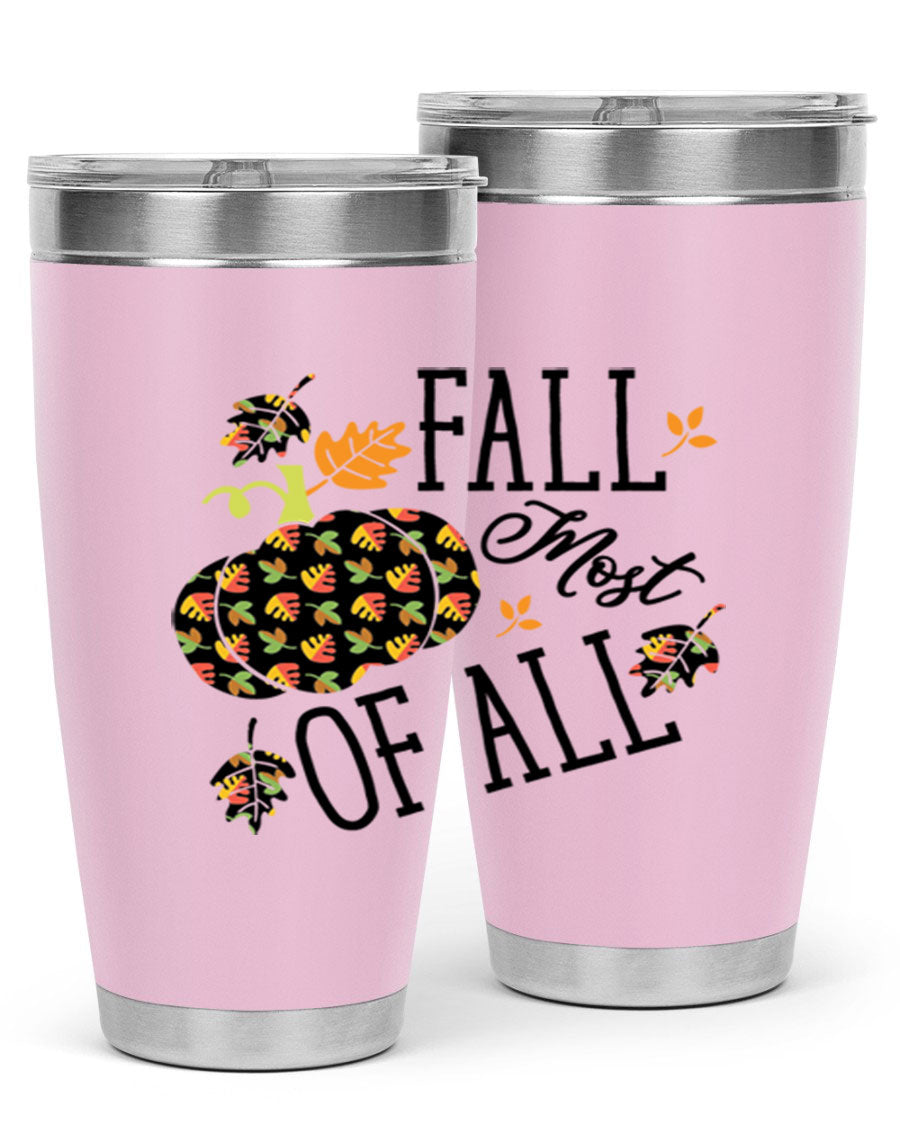 Fallmostofall 20oz tumbler made of stainless steel with a copper lining, featuring a press-in drink-thru lid, ideal for hot and cold beverages.