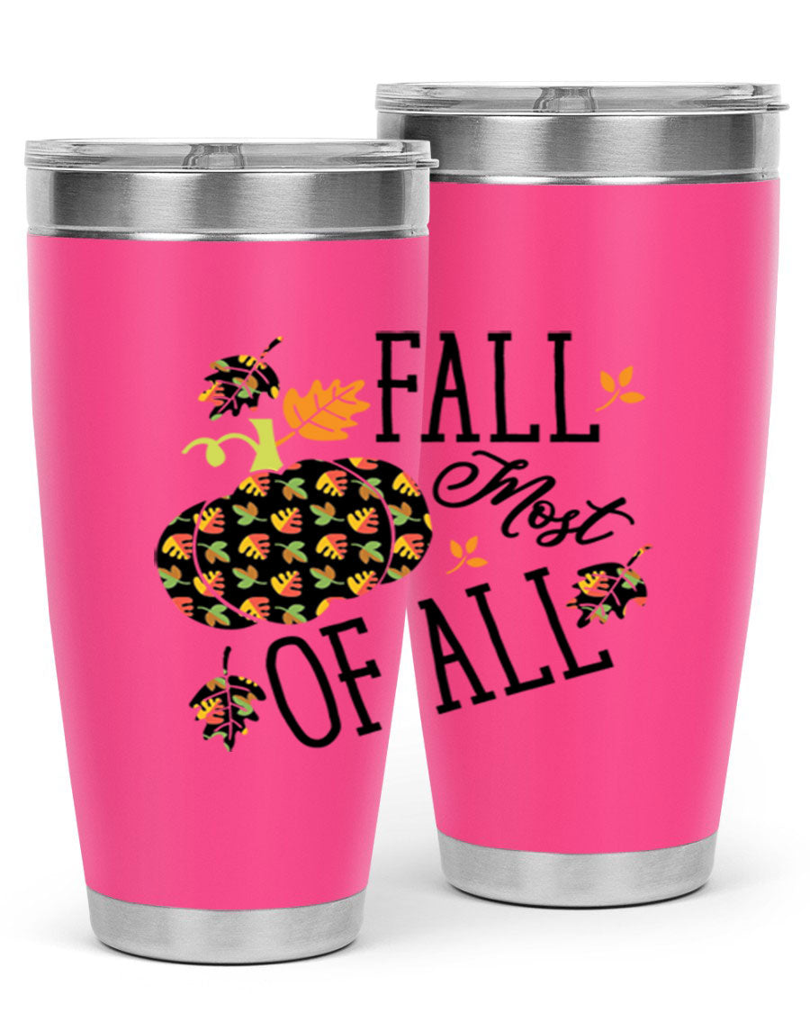 Fallmostofall 20oz tumbler made of stainless steel with a copper lining, featuring a press-in drink-thru lid, ideal for hot and cold beverages.