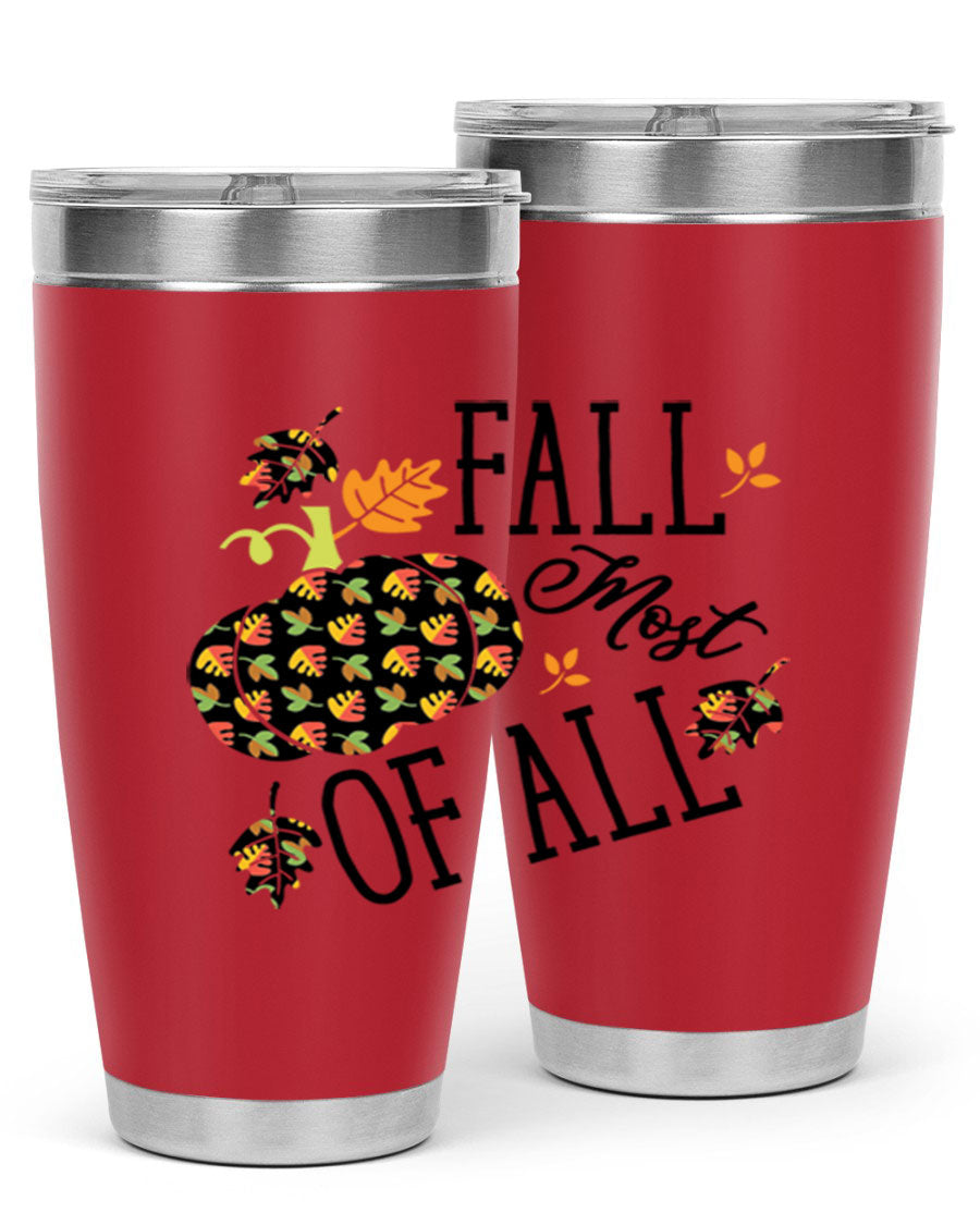 Fallmostofall 20oz tumbler made of stainless steel with a copper lining, featuring a press-in drink-thru lid, ideal for hot and cold beverages.