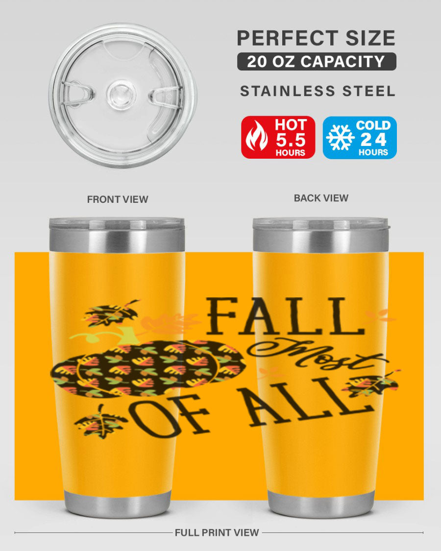 Fallmostofall 20oz tumbler made of stainless steel with a copper lining, featuring a press-in drink-thru lid, ideal for hot and cold beverages.