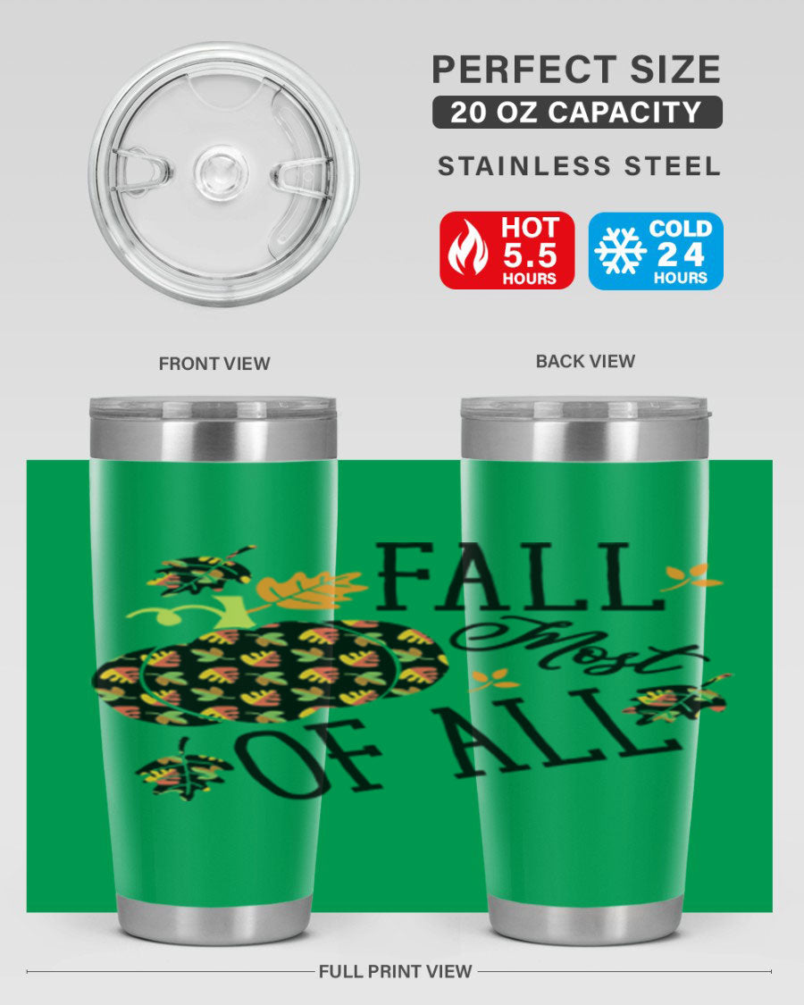 Fallmostofall 20oz tumbler made of stainless steel with a copper lining, featuring a press-in drink-thru lid, ideal for hot and cold beverages.