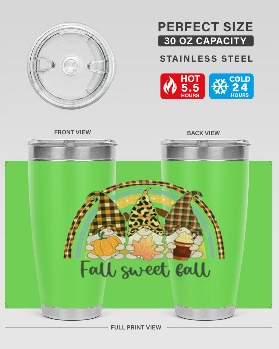 FallSweetFallGnomeRainbow 20oz tumbler featuring double wall vacuum stainless steel design with colorful gnome print.