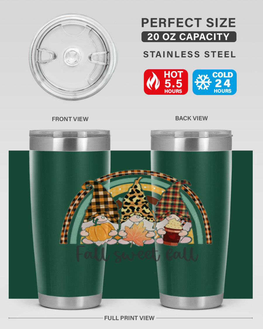 FallSweetFallGnomeRainbow 20oz tumbler featuring double wall vacuum stainless steel design with colorful gnome print.
