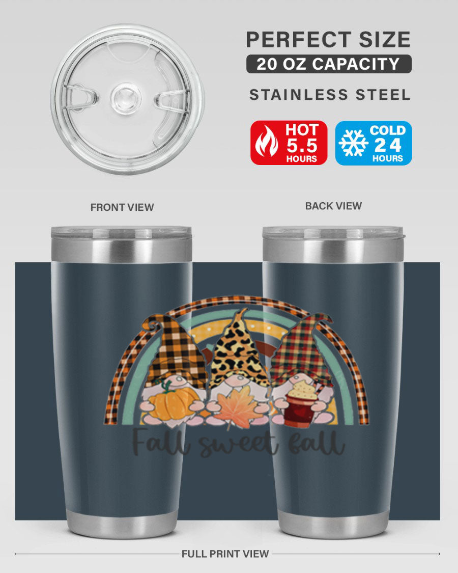 FallSweetFallGnomeRainbow 20oz tumbler featuring double wall vacuum stainless steel design with colorful gnome print.