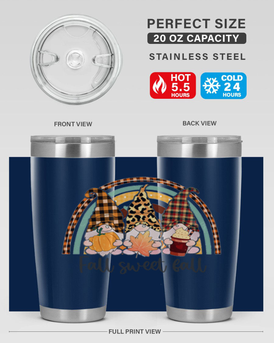 FallSweetFallGnomeRainbow 20oz tumbler featuring double wall vacuum stainless steel design with colorful gnome print.
