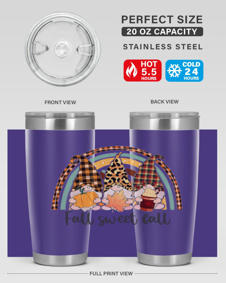 FallSweetFallGnomeRainbow 20oz tumbler featuring double wall vacuum stainless steel design with colorful gnome print.