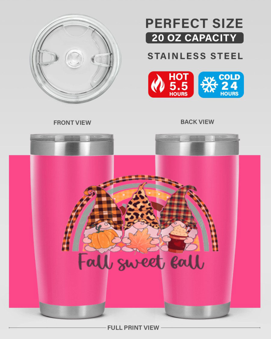 FallSweetFallGnomeRainbow 20oz tumbler featuring double wall vacuum stainless steel design with colorful gnome print.