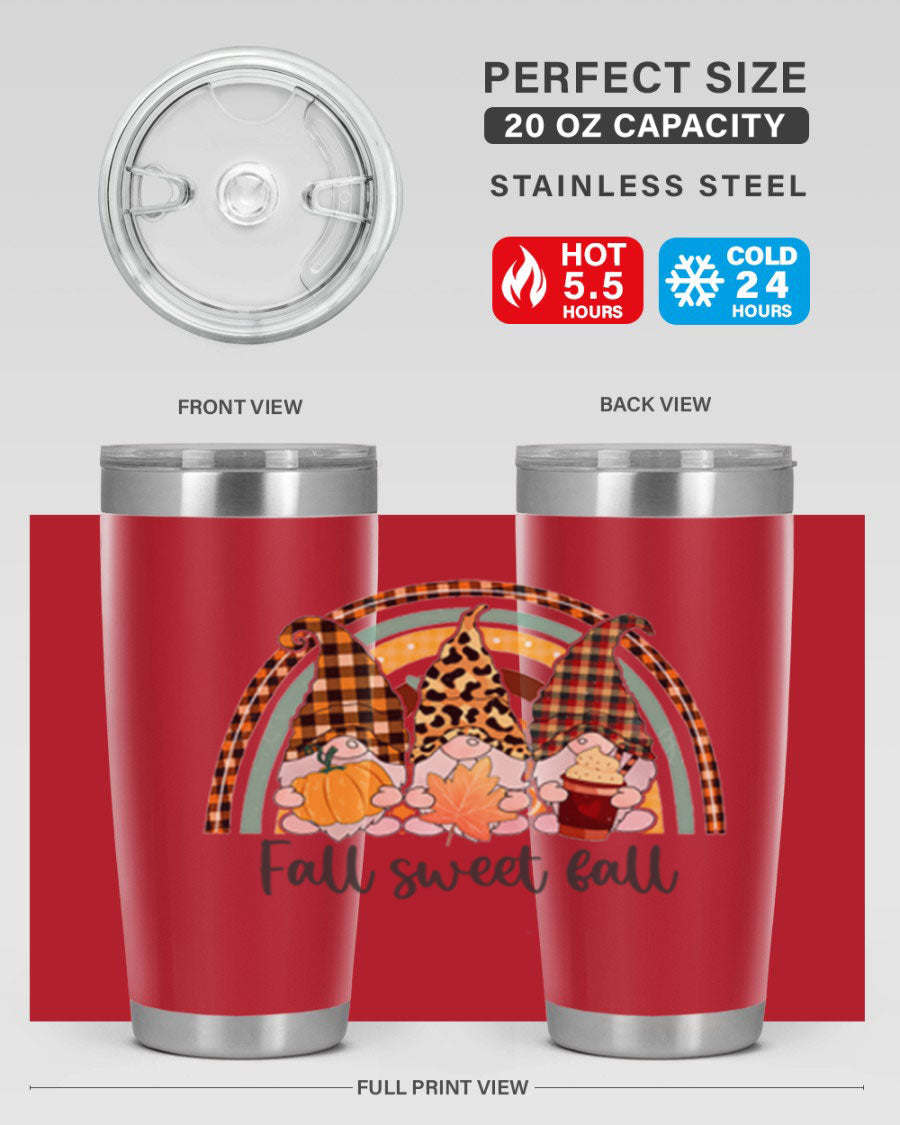 FallSweetFallGnomeRainbow 20oz tumbler featuring double wall vacuum stainless steel design with colorful gnome print.