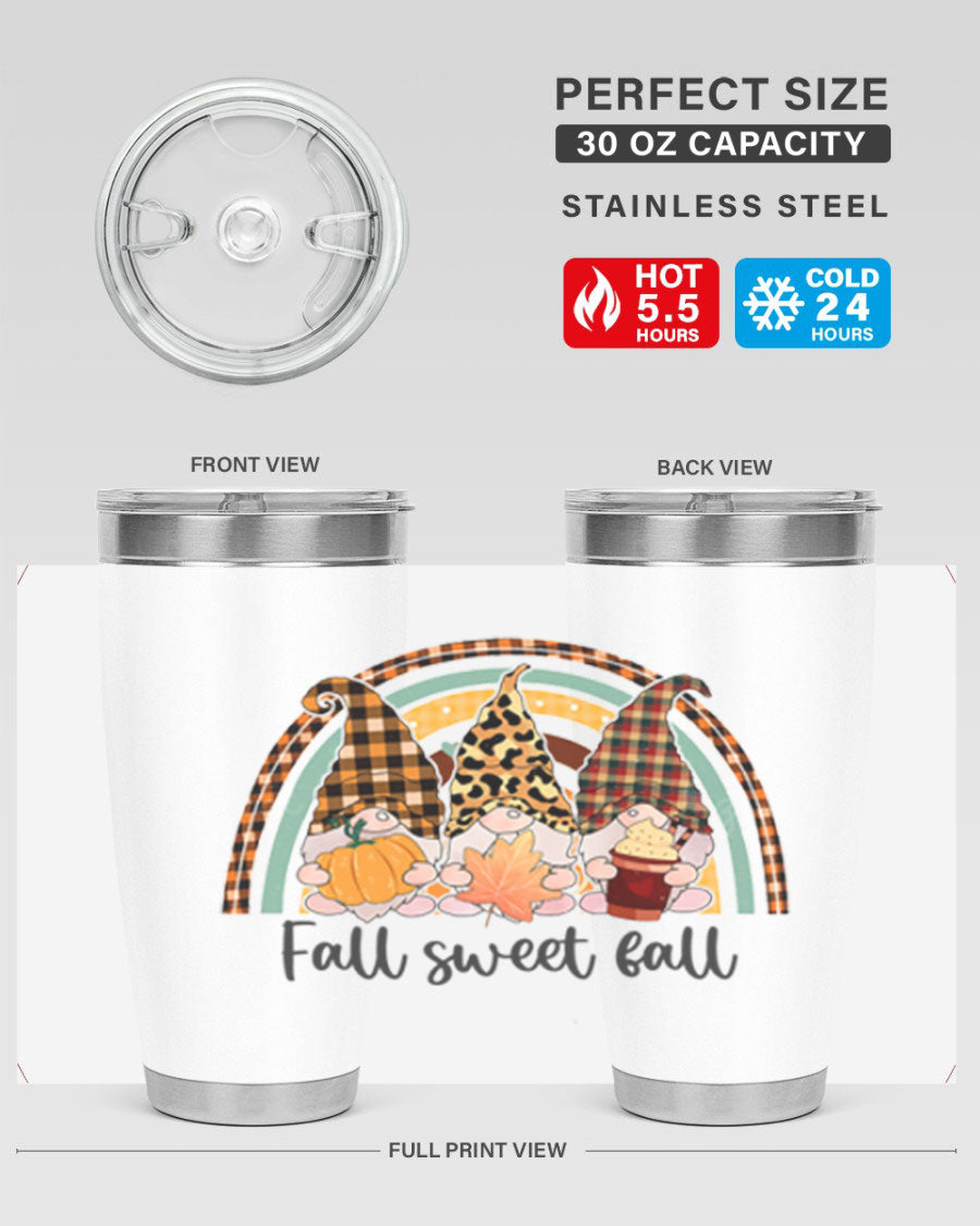 FallSweetFallGnomeRainbow 20oz tumbler featuring double wall vacuum stainless steel design with colorful gnome print.