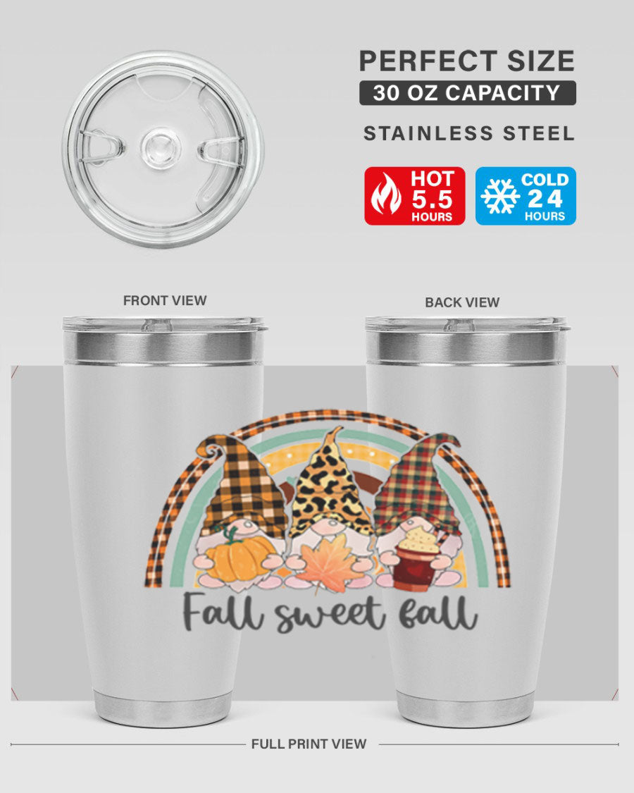 FallSweetFallGnomeRainbow 20oz tumbler featuring double wall vacuum stainless steel design with colorful gnome print.