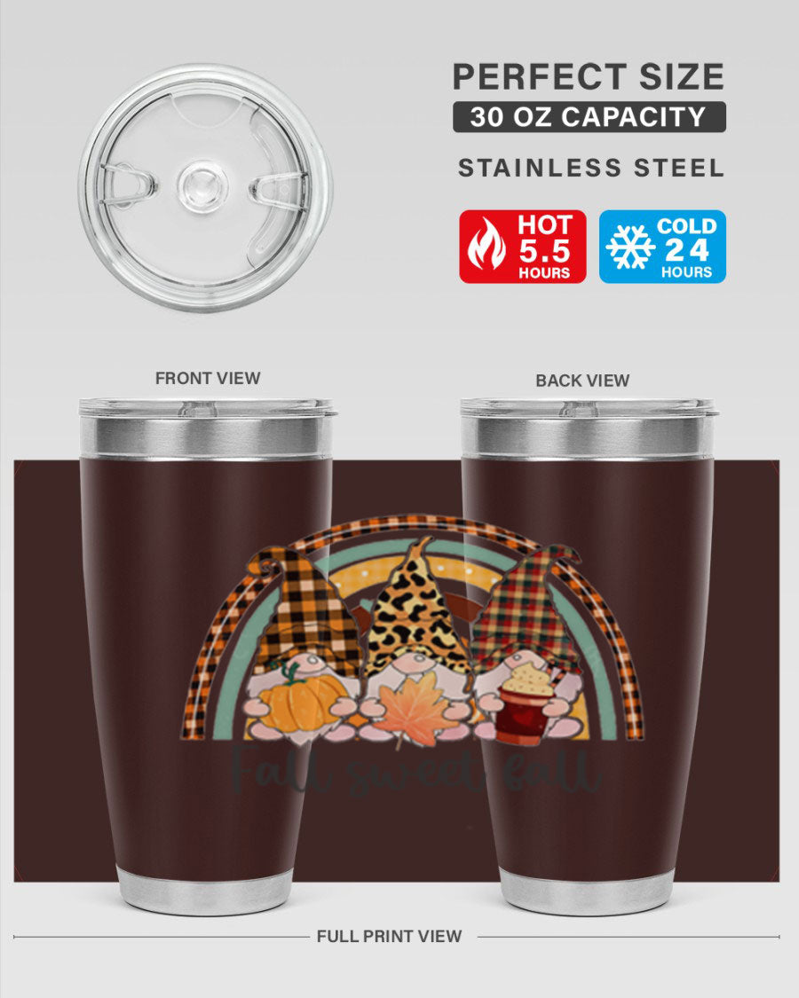 FallSweetFallGnomeRainbow 20oz tumbler featuring double wall vacuum stainless steel design with colorful gnome print.