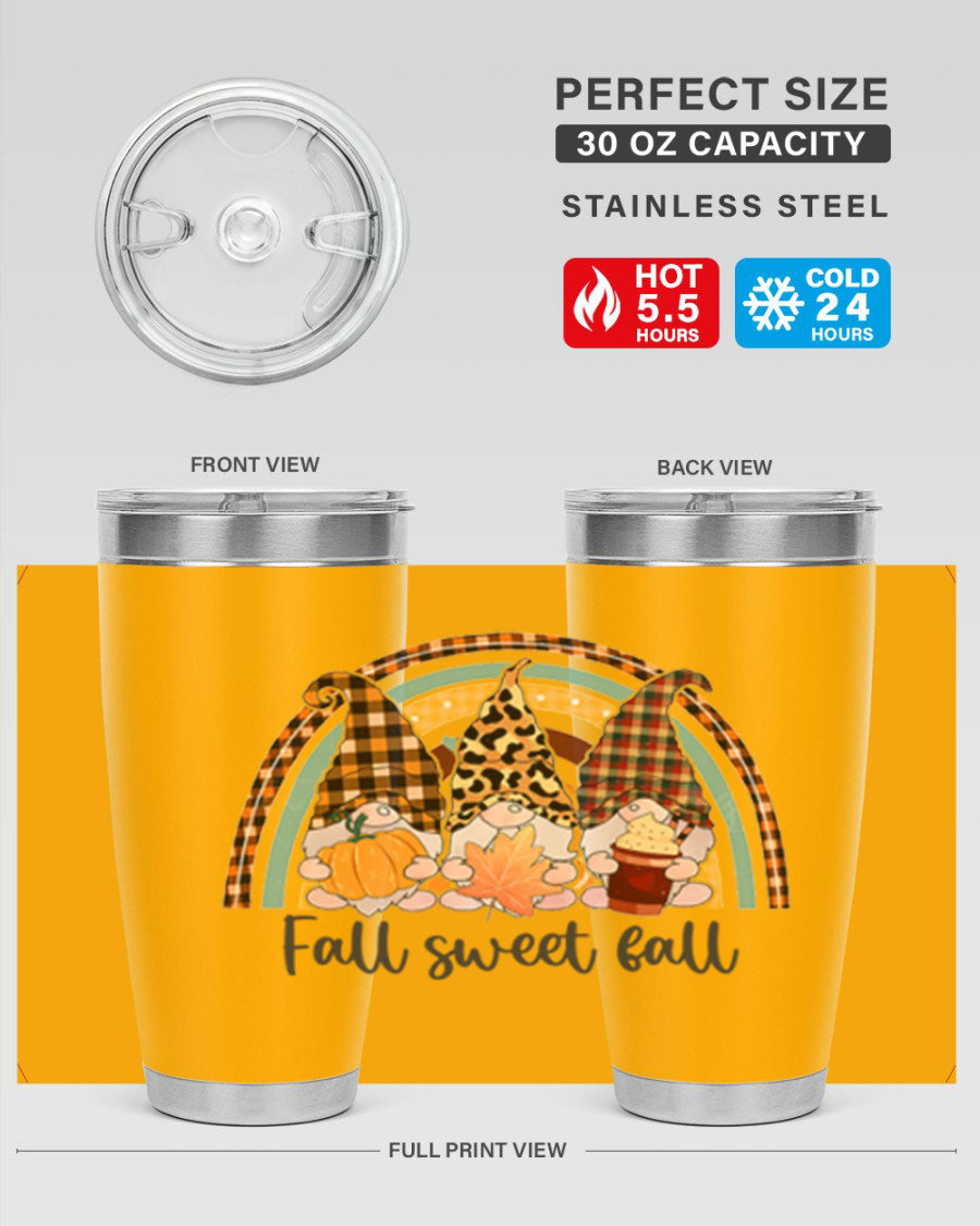 FallSweetFallGnomeRainbow 20oz tumbler featuring double wall vacuum stainless steel design with colorful gnome print.