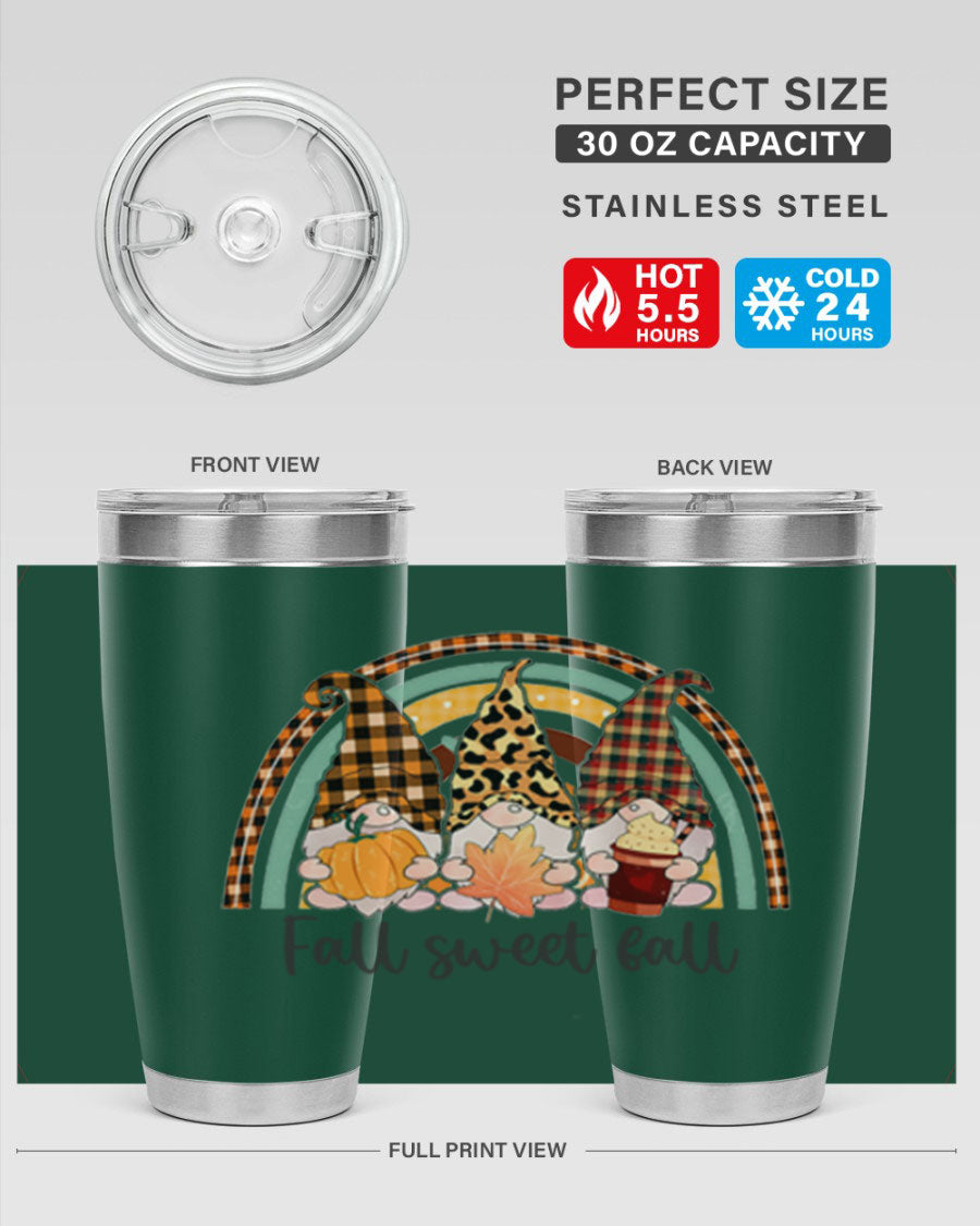 FallSweetFallGnomeRainbow 20oz tumbler featuring double wall vacuum stainless steel design with colorful gnome print.