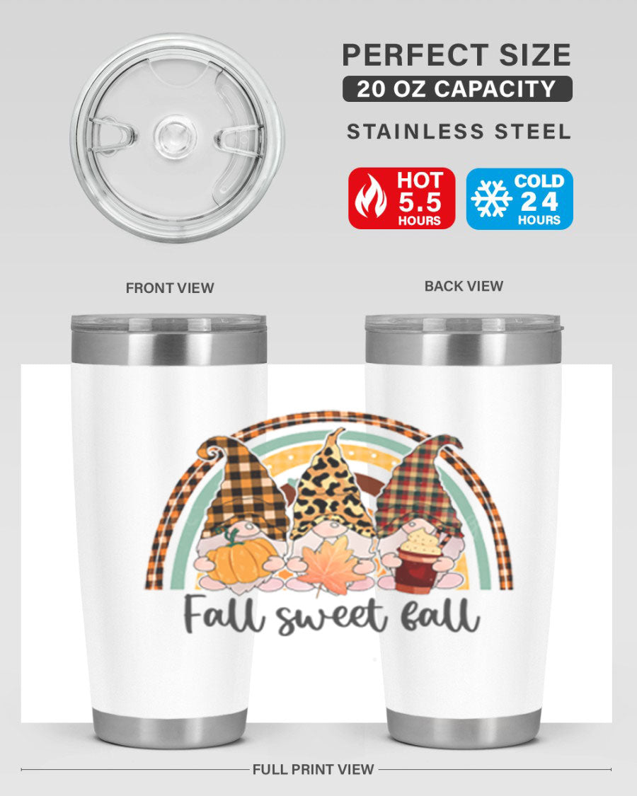FallSweetFallGnomeRainbow 20oz tumbler featuring double wall vacuum stainless steel design with colorful gnome print.