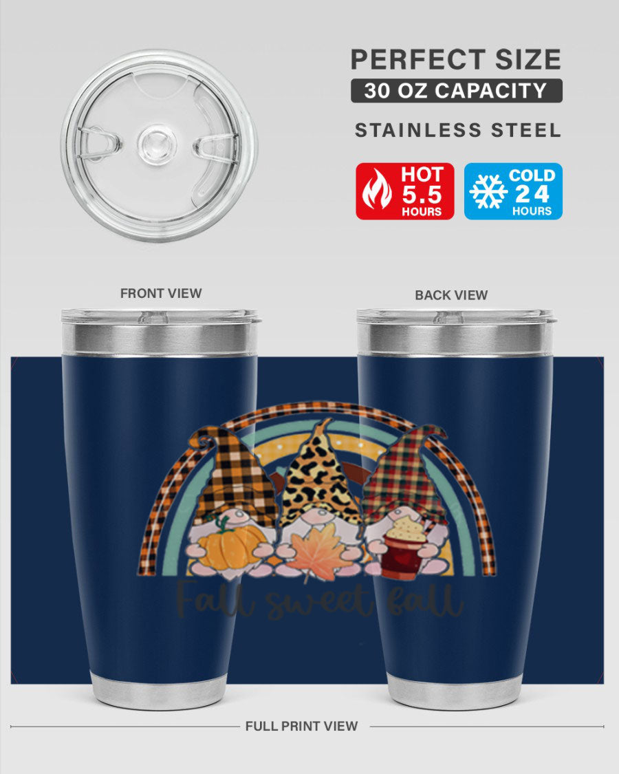 FallSweetFallGnomeRainbow 20oz tumbler featuring double wall vacuum stainless steel design with colorful gnome print.