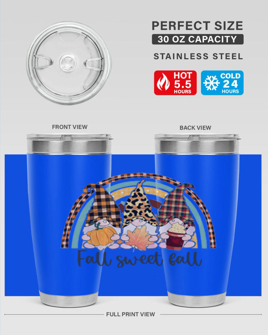 FallSweetFallGnomeRainbow 20oz tumbler featuring double wall vacuum stainless steel design with colorful gnome print.