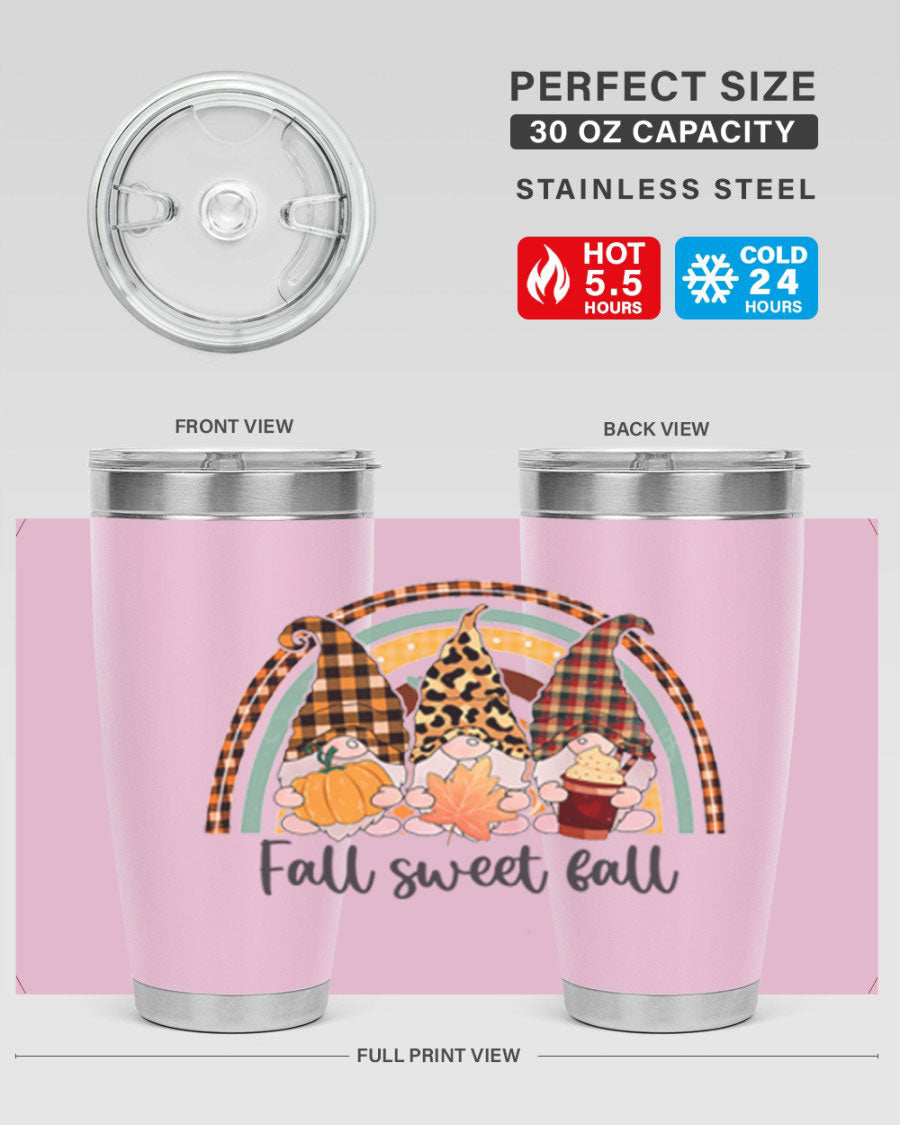 FallSweetFallGnomeRainbow 20oz tumbler featuring double wall vacuum stainless steel design with colorful gnome print.