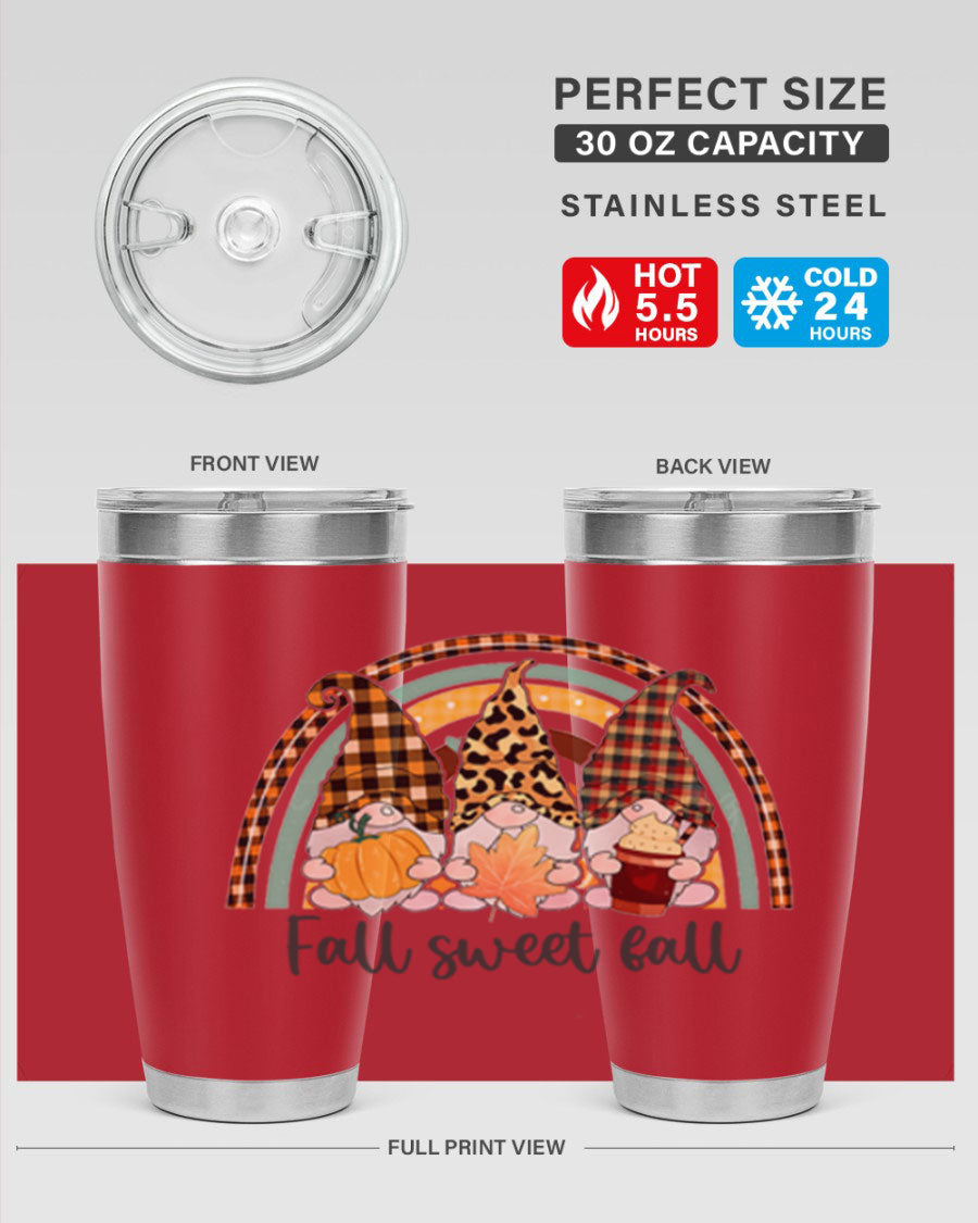 FallSweetFallGnomeRainbow 20oz tumbler featuring double wall vacuum stainless steel design with colorful gnome print.
