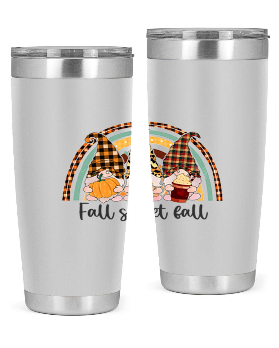 FallSweetFallGnomeRainbow 20oz tumbler featuring double wall vacuum stainless steel design with colorful gnome print.