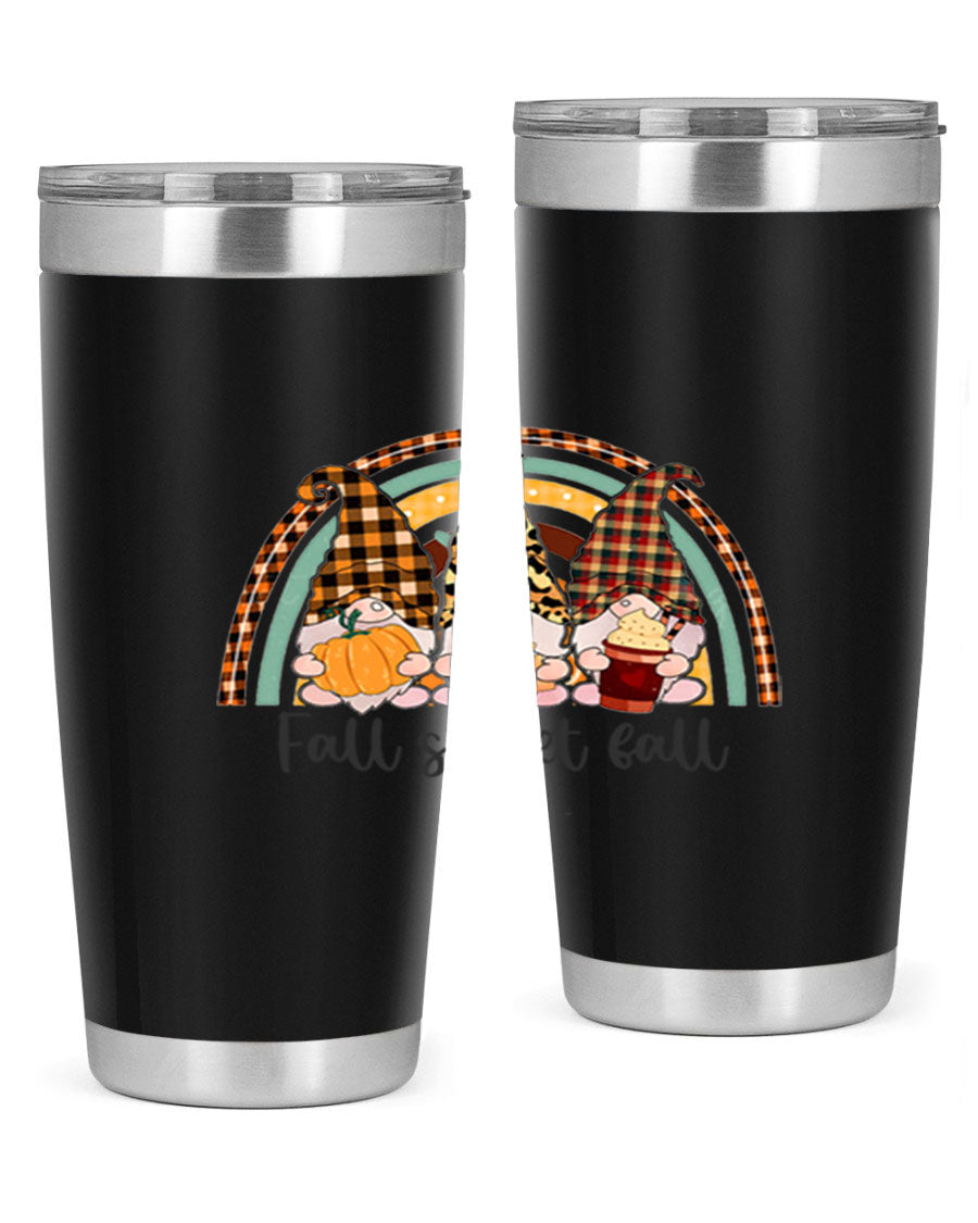 FallSweetFallGnomeRainbow 20oz tumbler featuring double wall vacuum stainless steel design with colorful gnome print.