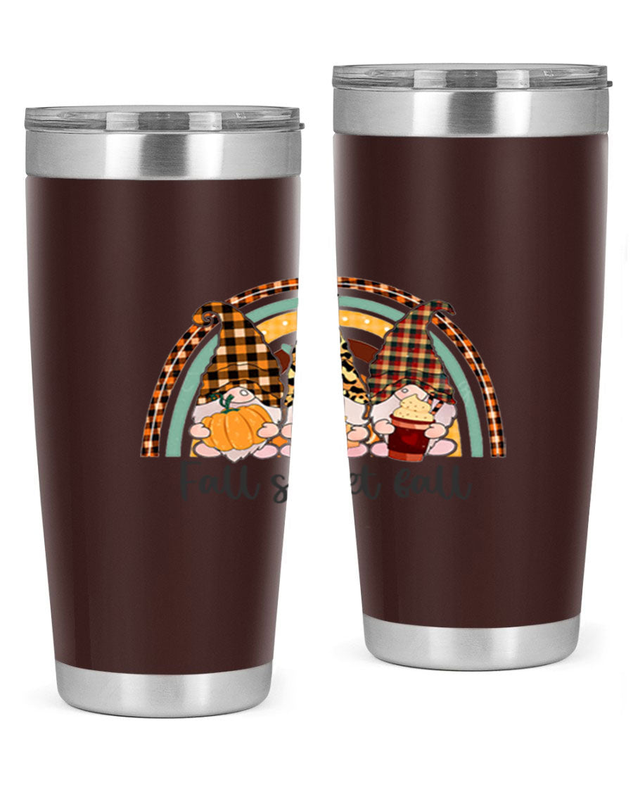 FallSweetFallGnomeRainbow 20oz tumbler featuring double wall vacuum stainless steel design with colorful gnome print.