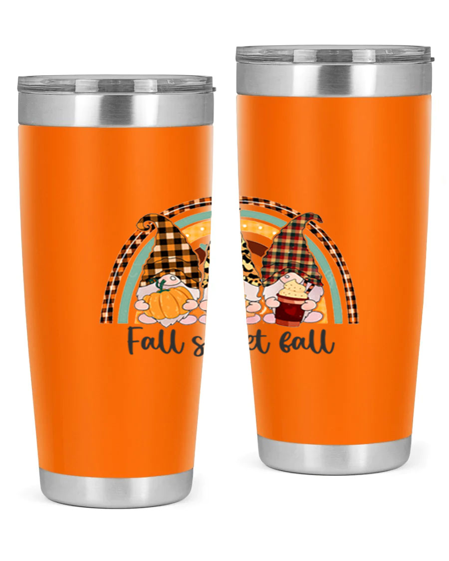 FallSweetFallGnomeRainbow 20oz tumbler featuring double wall vacuum stainless steel design with colorful gnome print.