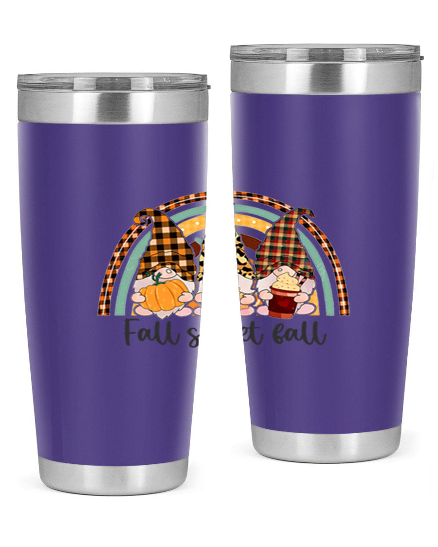 FallSweetFallGnomeRainbow 20oz tumbler featuring double wall vacuum stainless steel design with colorful gnome print.