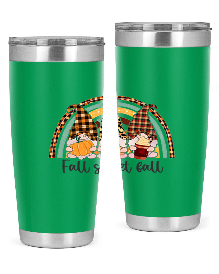 FallSweetFallGnomeRainbow 20oz tumbler featuring double wall vacuum stainless steel design with colorful gnome print.