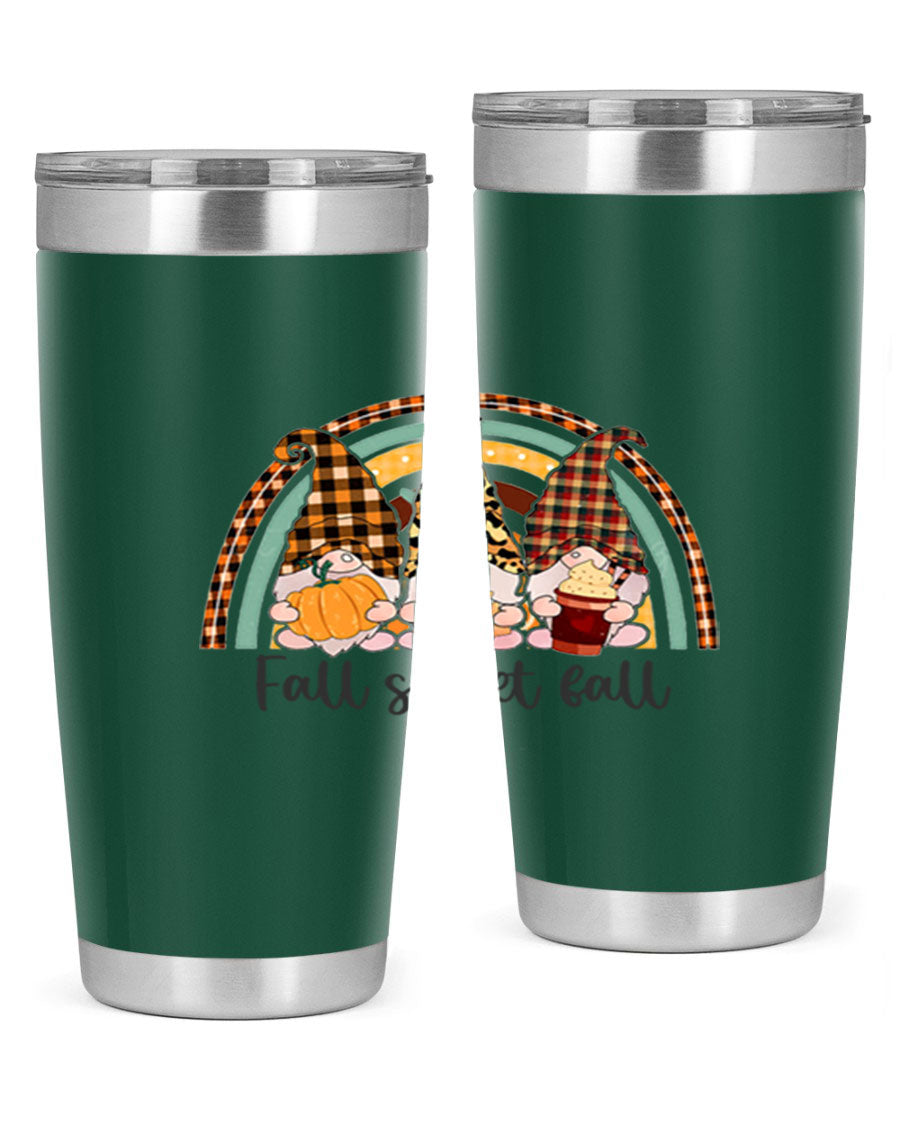FallSweetFallGnomeRainbow 20oz tumbler featuring double wall vacuum stainless steel design with colorful gnome print.