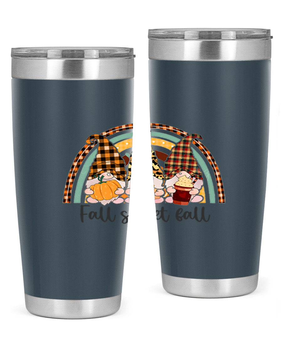 FallSweetFallGnomeRainbow 20oz tumbler featuring double wall vacuum stainless steel design with colorful gnome print.