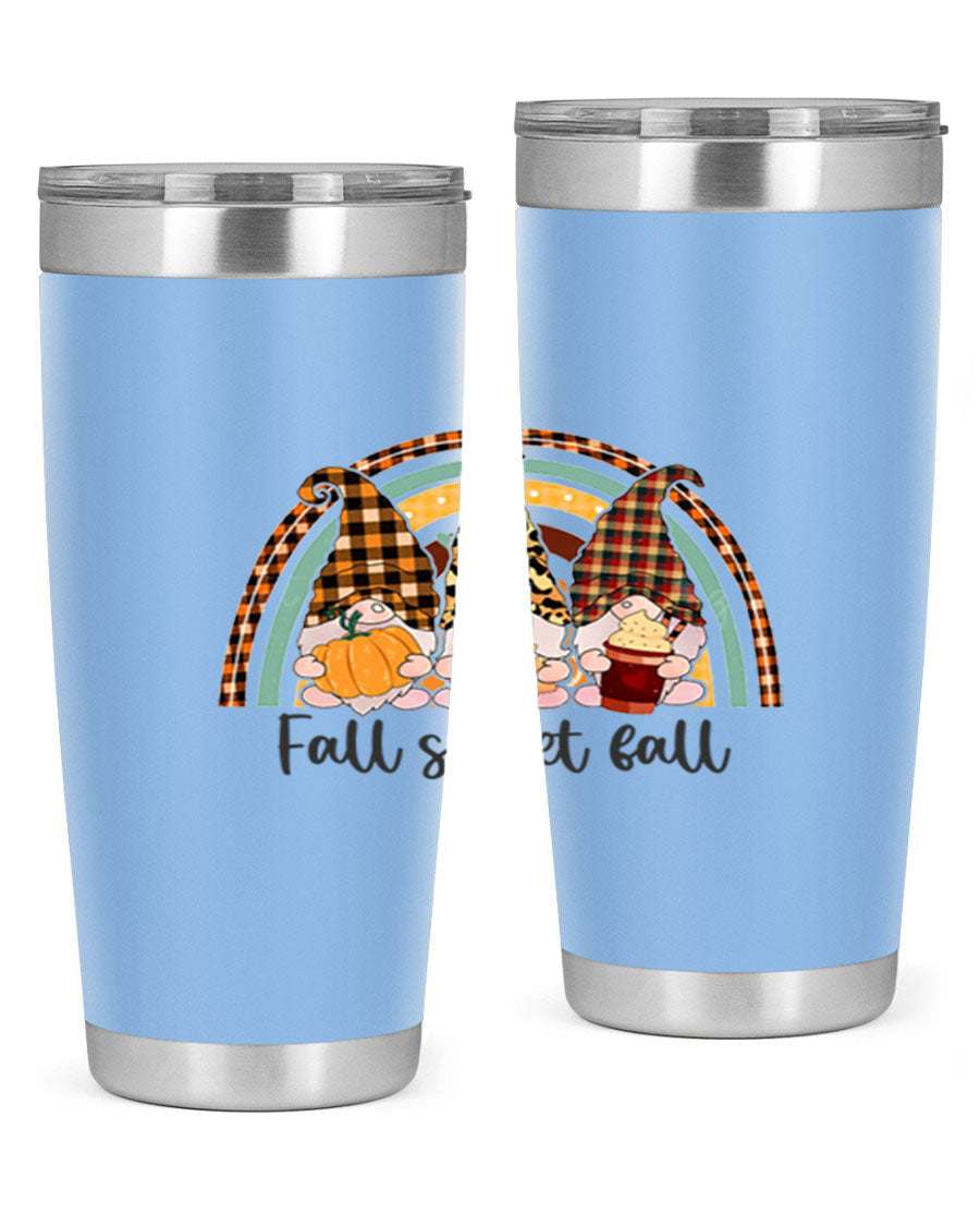 FallSweetFallGnomeRainbow 20oz tumbler featuring double wall vacuum stainless steel design with colorful gnome print.