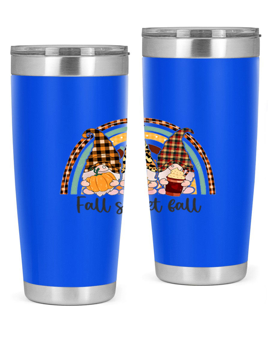 FallSweetFallGnomeRainbow 20oz tumbler featuring double wall vacuum stainless steel design with colorful gnome print.