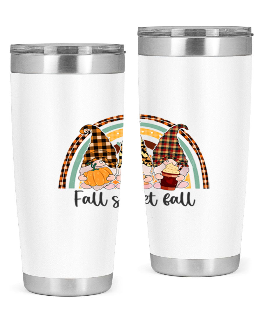 FallSweetFallGnomeRainbow 20oz tumbler featuring double wall vacuum stainless steel design with colorful gnome print.