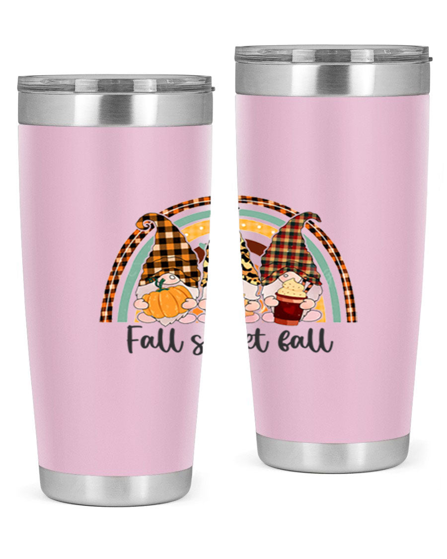 FallSweetFallGnomeRainbow 20oz tumbler featuring double wall vacuum stainless steel design with colorful gnome print.