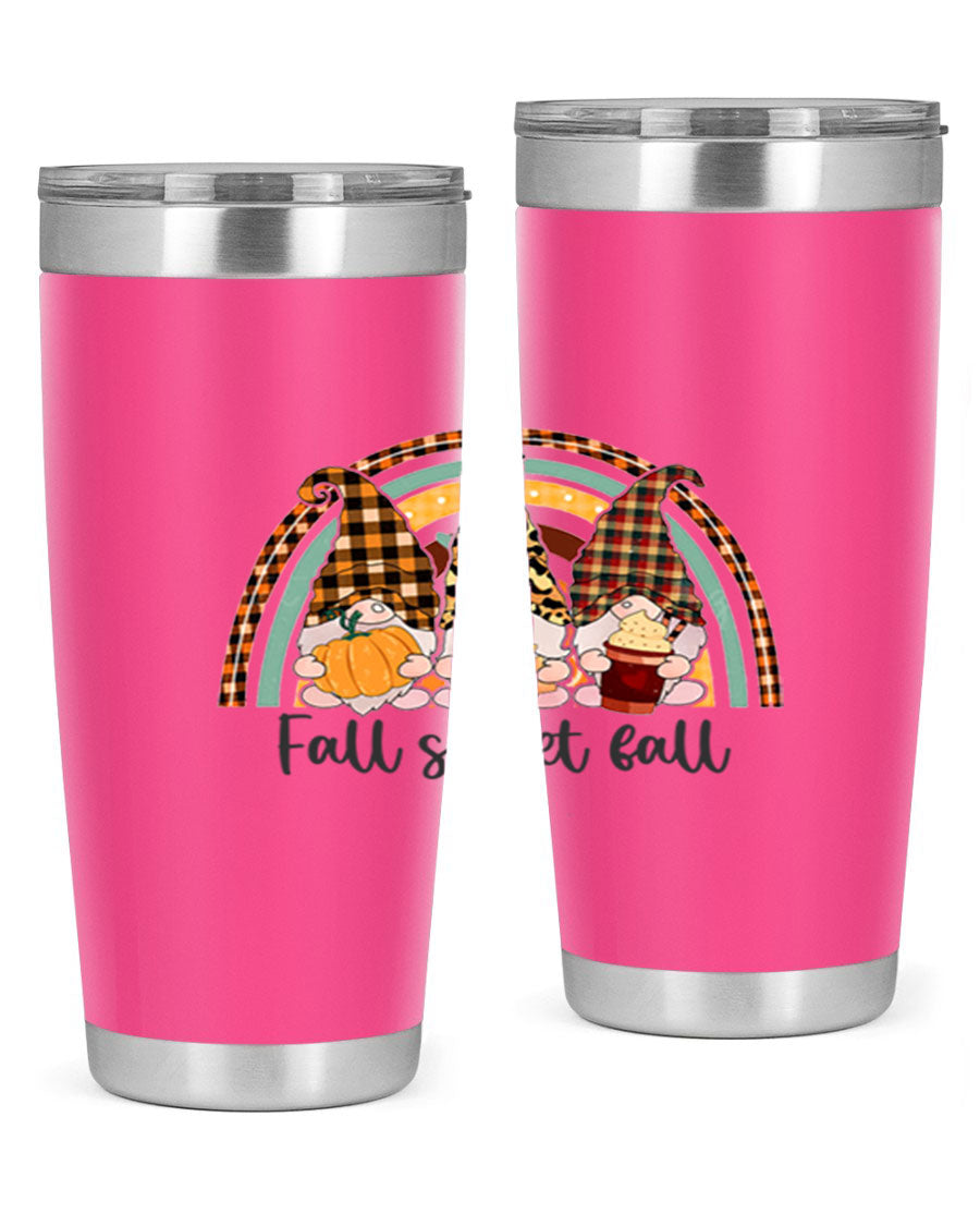 FallSweetFallGnomeRainbow 20oz tumbler featuring double wall vacuum stainless steel design with colorful gnome print.