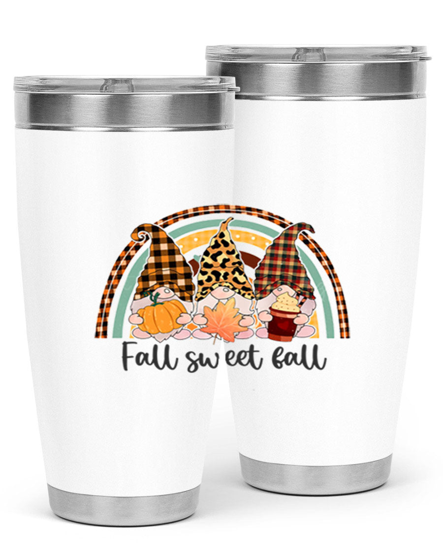 FallSweetFallGnomeRainbow 20oz tumbler featuring double wall vacuum stainless steel design with colorful gnome print.