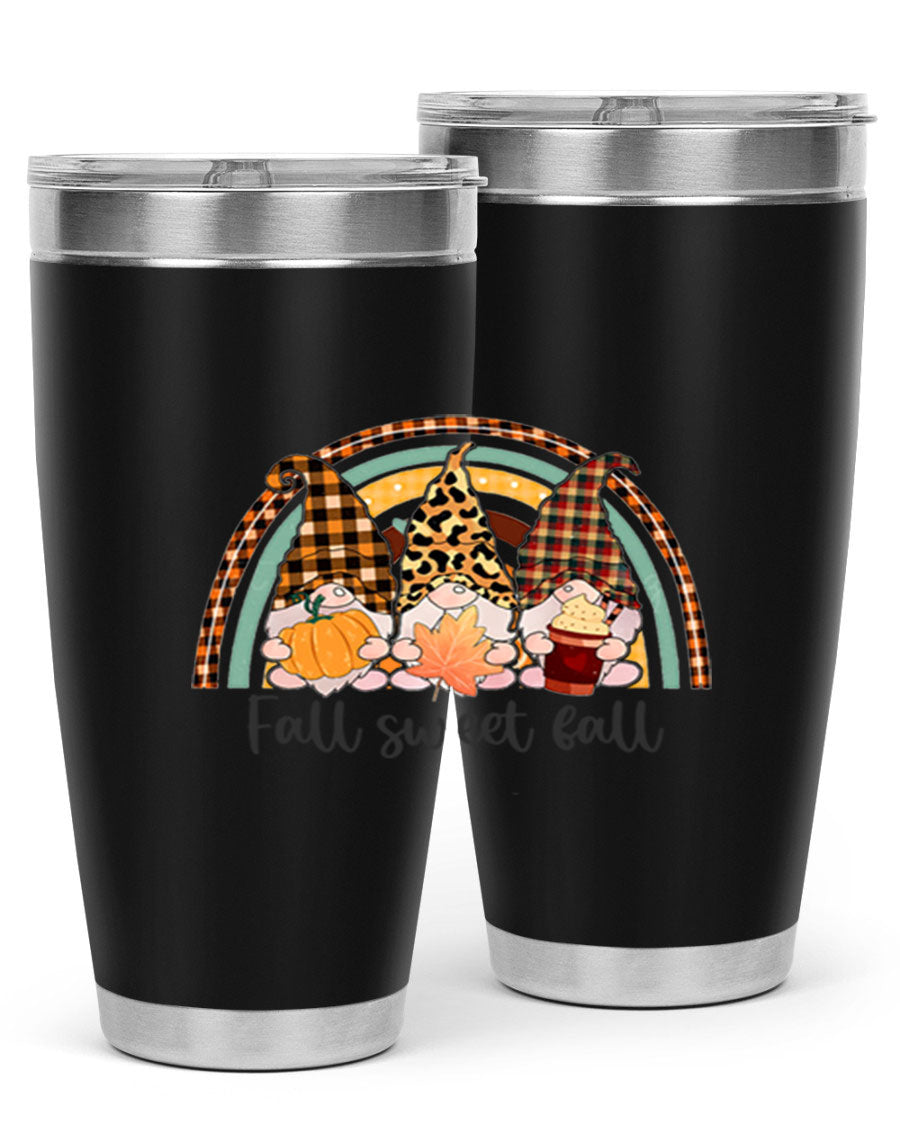 FallSweetFallGnomeRainbow 20oz tumbler featuring double wall vacuum stainless steel design with colorful gnome print.