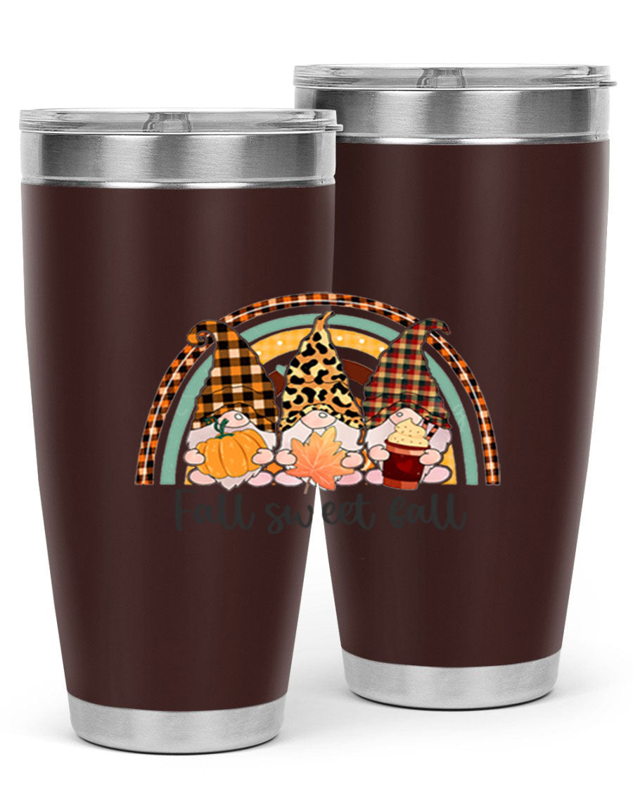 FallSweetFallGnomeRainbow 20oz tumbler featuring double wall vacuum stainless steel design with colorful gnome print.