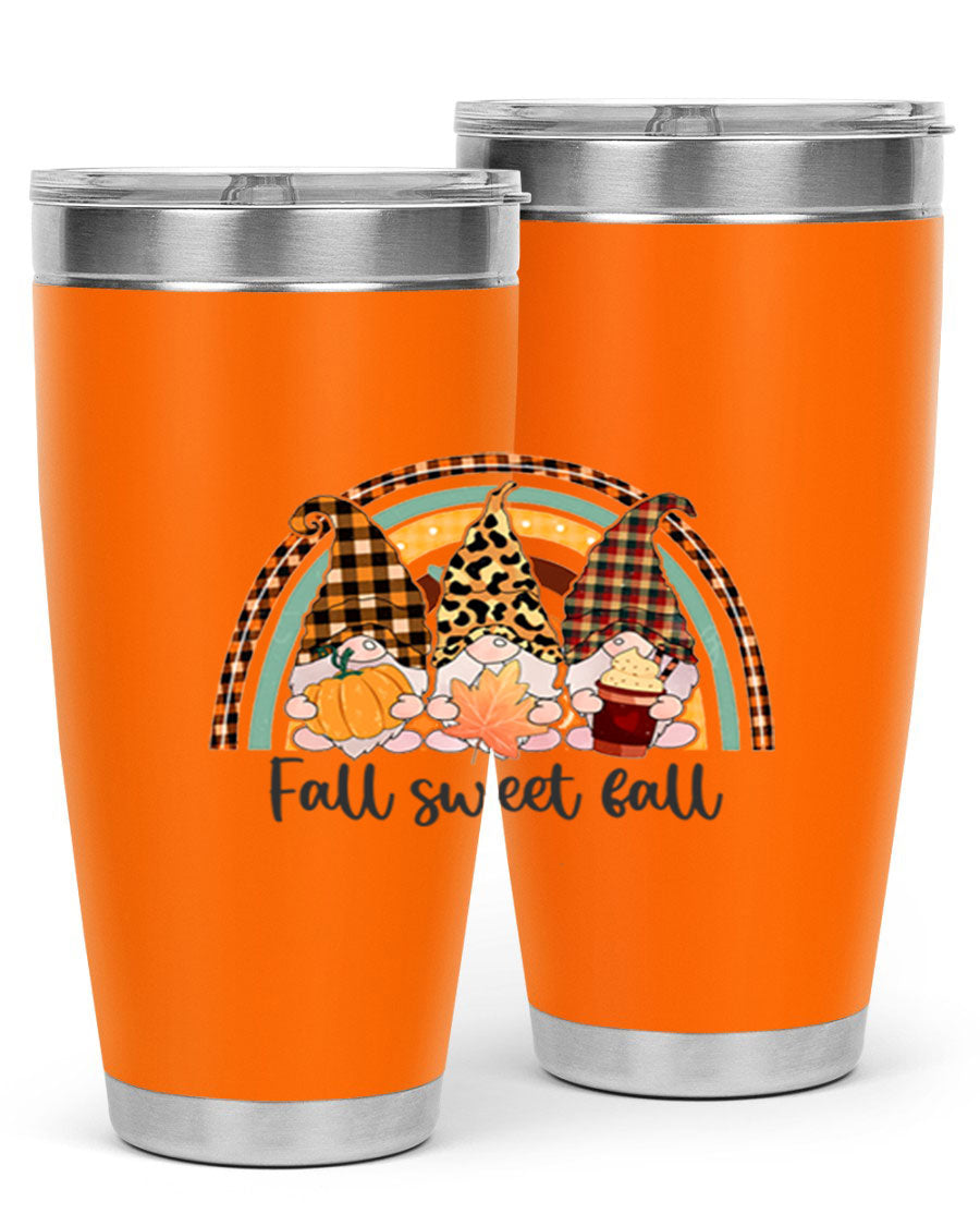 FallSweetFallGnomeRainbow 20oz tumbler featuring double wall vacuum stainless steel design with colorful gnome print.