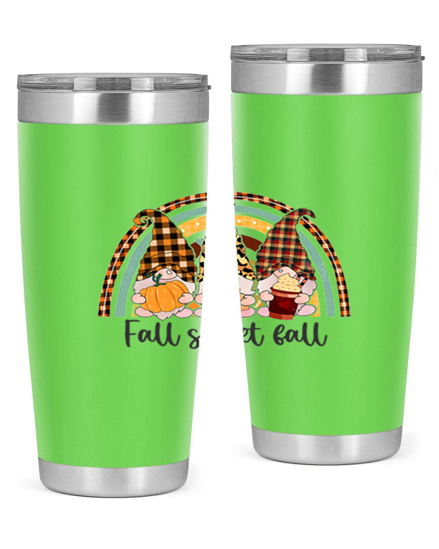 FallSweetFallGnomeRainbow 20oz tumbler featuring double wall vacuum stainless steel design with colorful gnome print.