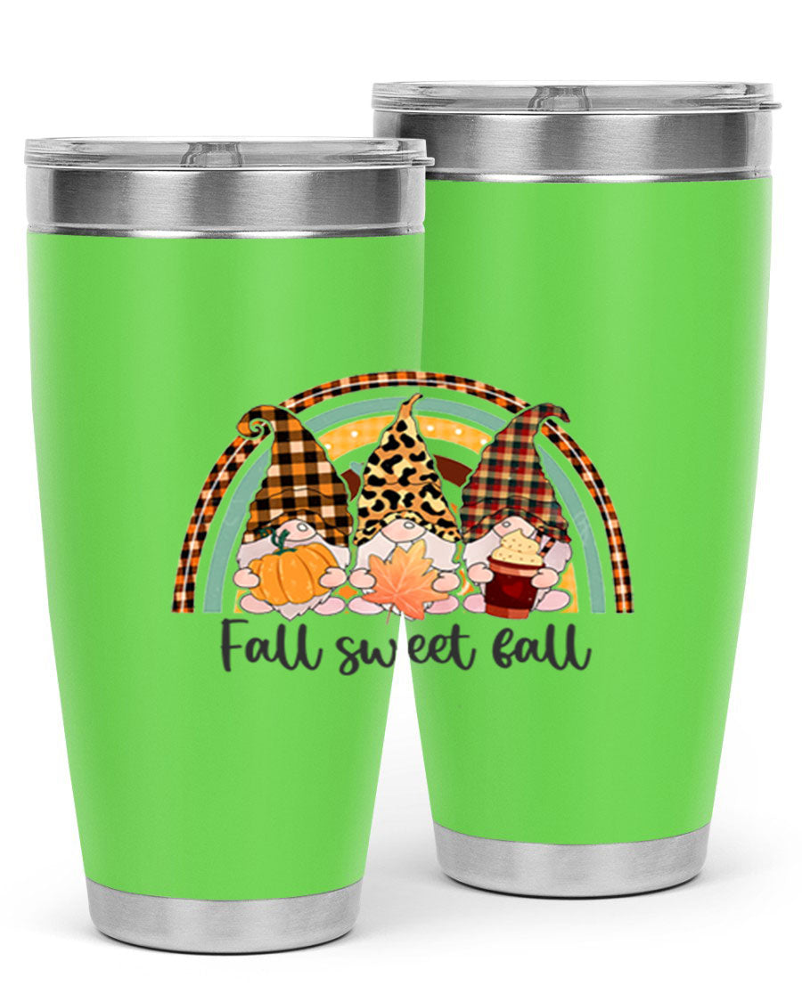 FallSweetFallGnomeRainbow 20oz tumbler featuring double wall vacuum stainless steel design with colorful gnome print.