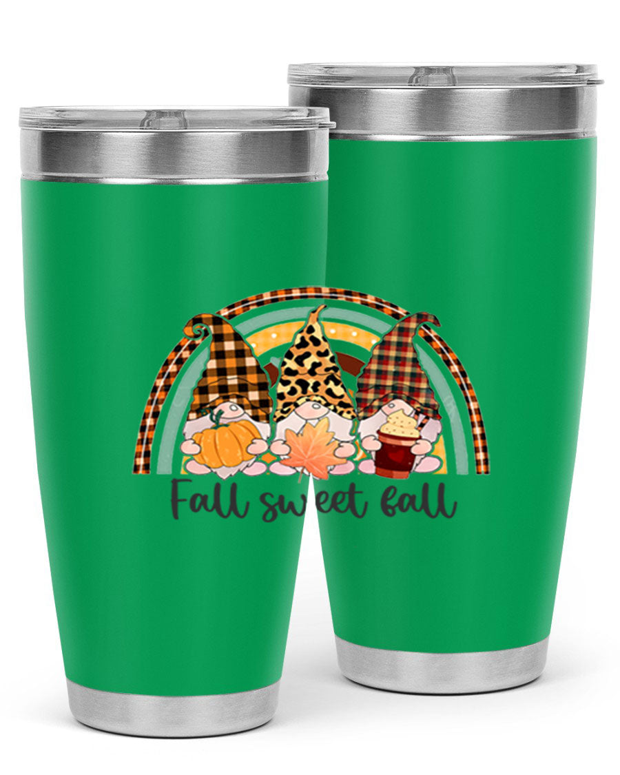 FallSweetFallGnomeRainbow 20oz tumbler featuring double wall vacuum stainless steel design with colorful gnome print.