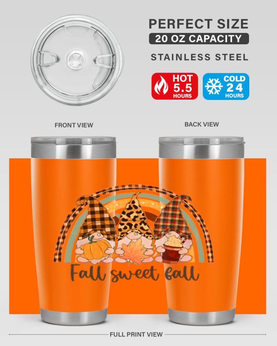 FallSweetFallGnomeRainbow 20oz tumbler featuring double wall vacuum stainless steel design with colorful gnome print.