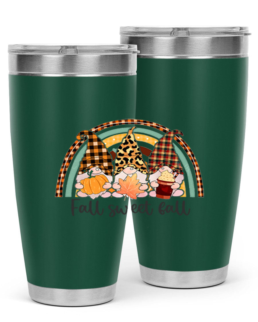 FallSweetFallGnomeRainbow 20oz tumbler featuring double wall vacuum stainless steel design with colorful gnome print.