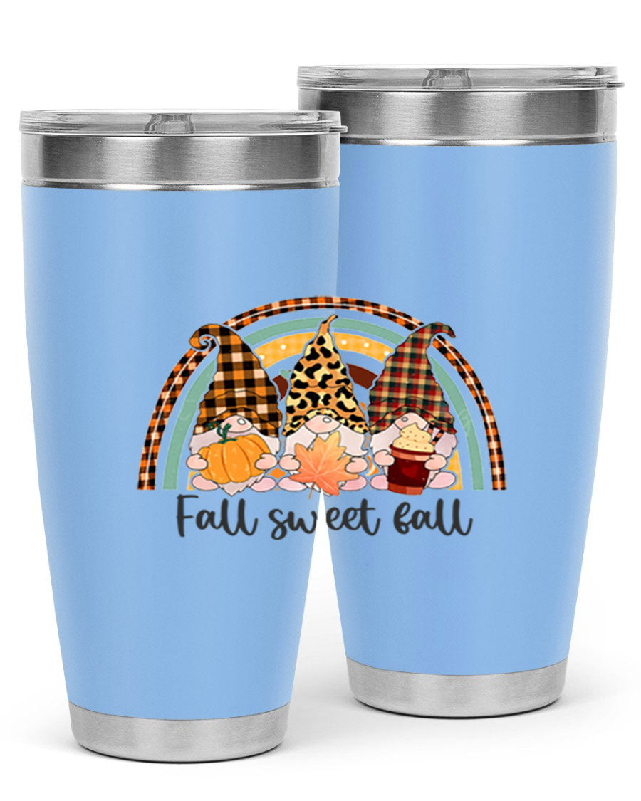 FallSweetFallGnomeRainbow 20oz tumbler featuring double wall vacuum stainless steel design with colorful gnome print.